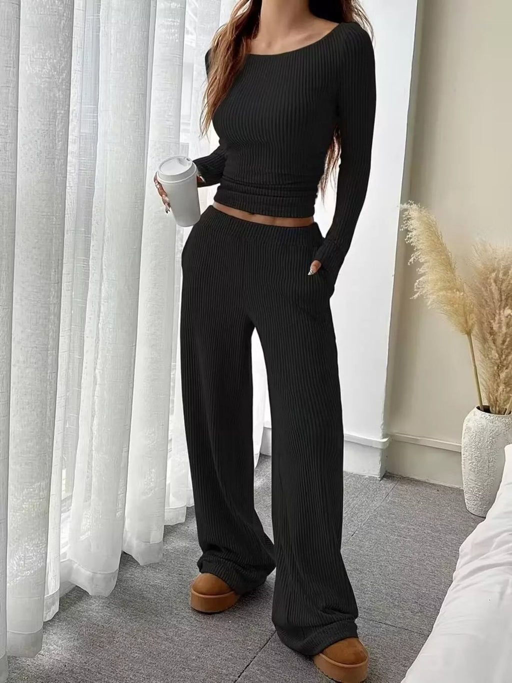 Ribbed Knit Boat Neck Top Pants Set (9)