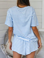 Striped Short Sleeve Tee Drawstring Shorts Set (10)