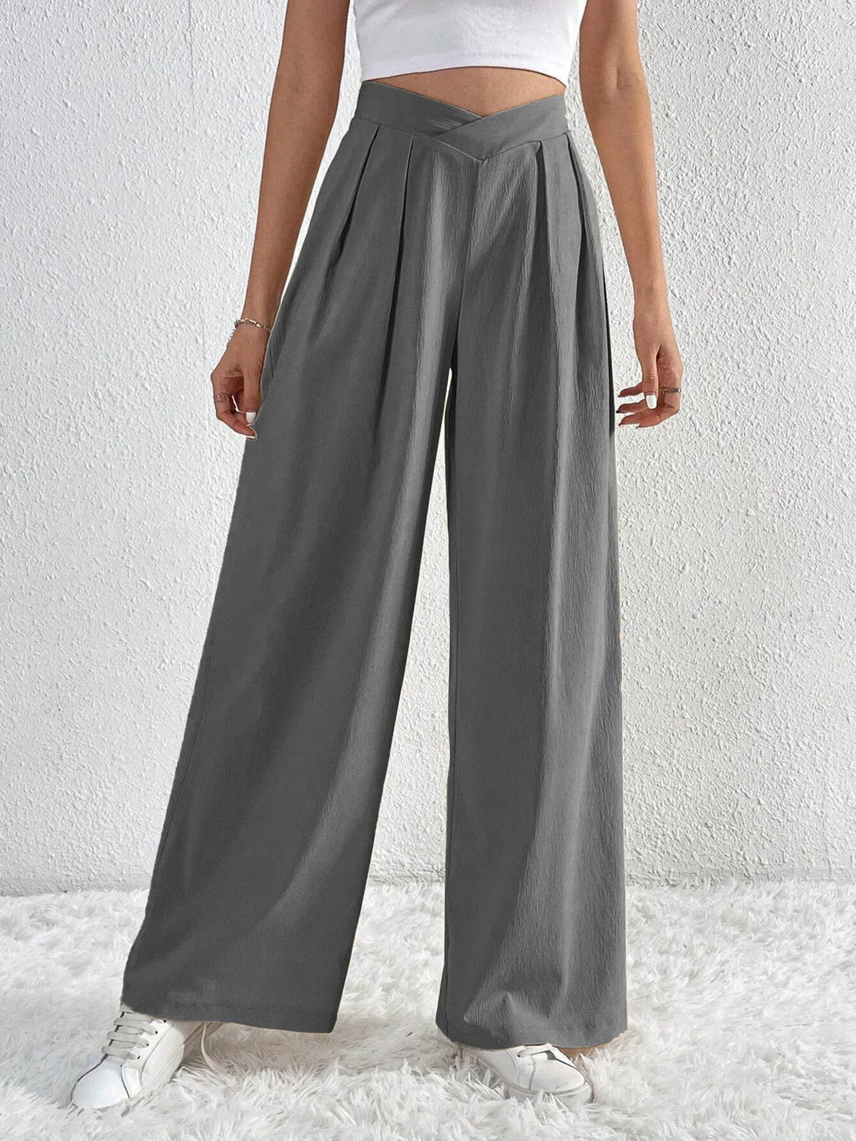 V-waisted Ruched Front Wide Leg Pants (15)