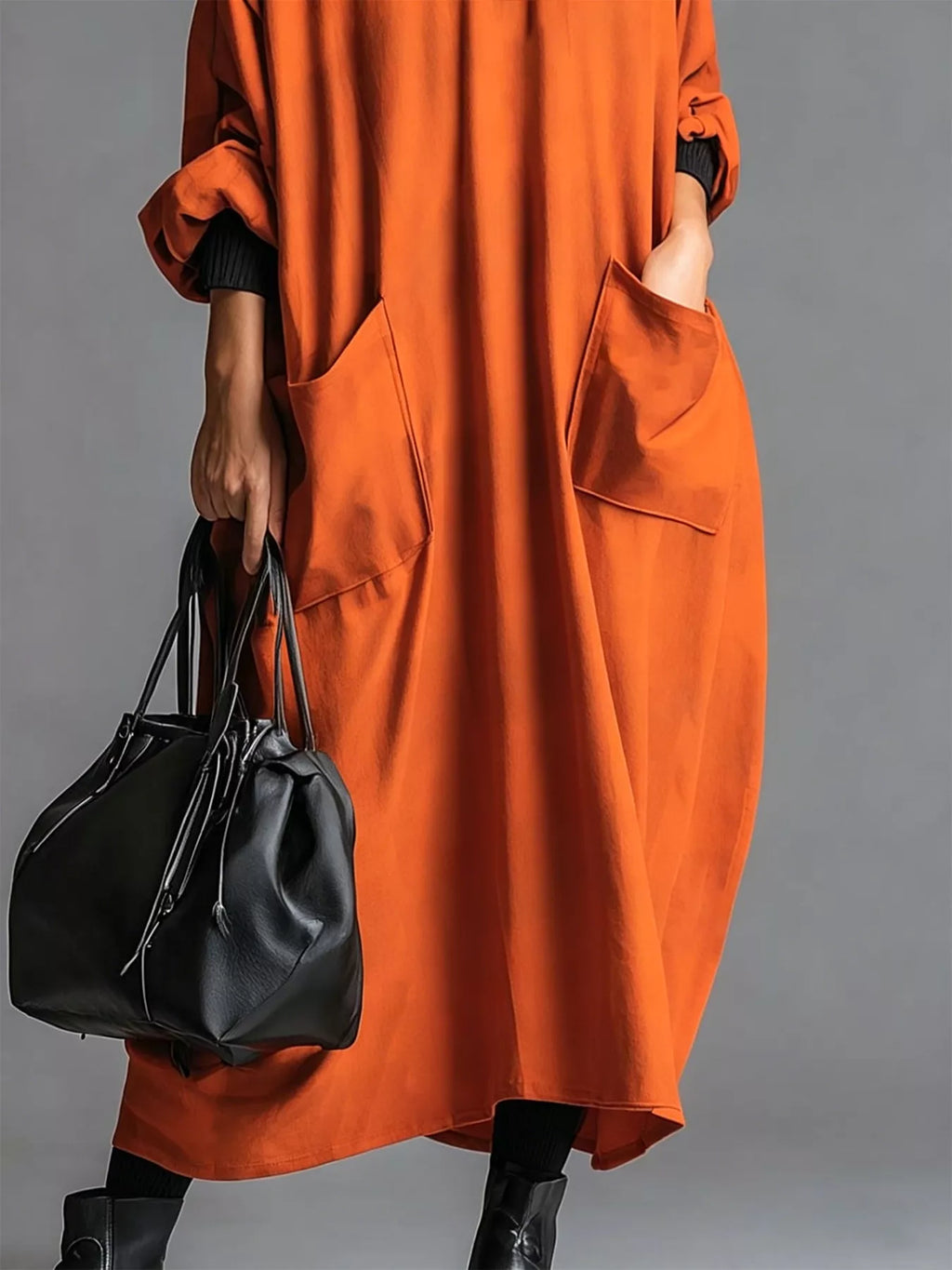 Full Size Loose-fit Mock Neck Midi Dress Pockets Plus (7)