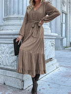 Ruffled Hem V-neck Balloon Sleeve Dress (36)