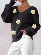 Floral Applique V-neck Sweater (9)