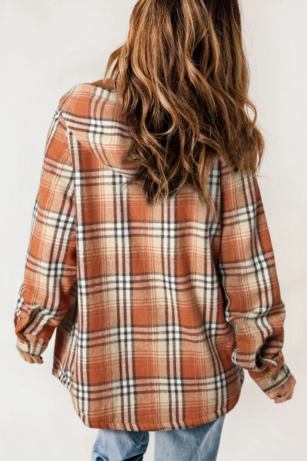 Plaid Button Up Long Sleeve Hooded Jacket (2)