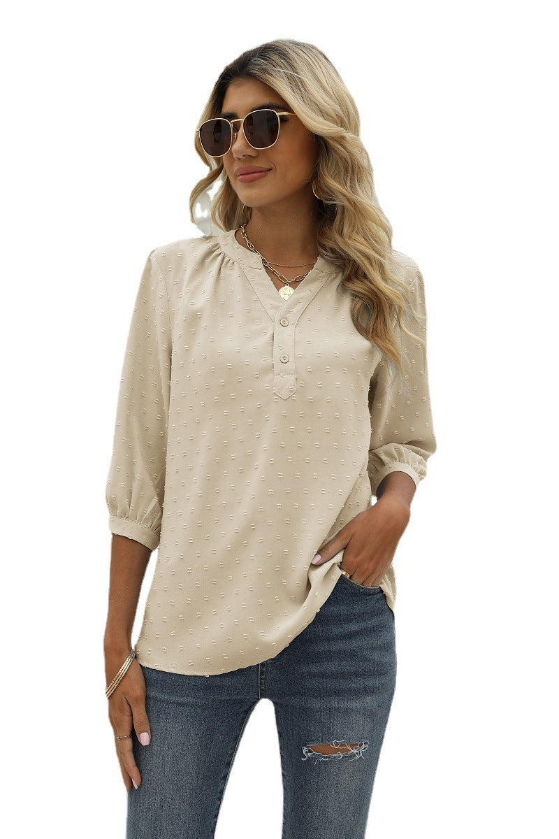 Swiss Dot Notched Neck Three-quarter Sleeve Blouse (25)