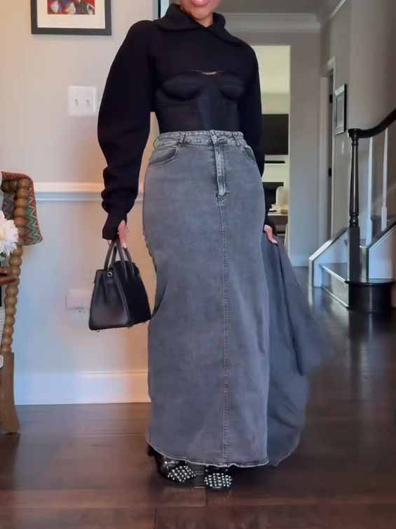 Denim Bodycon Maxi Skirt photo 1