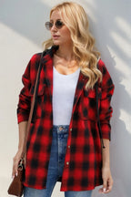 Drawstring Plaid Long Sleeve Hooded Shacket (5)