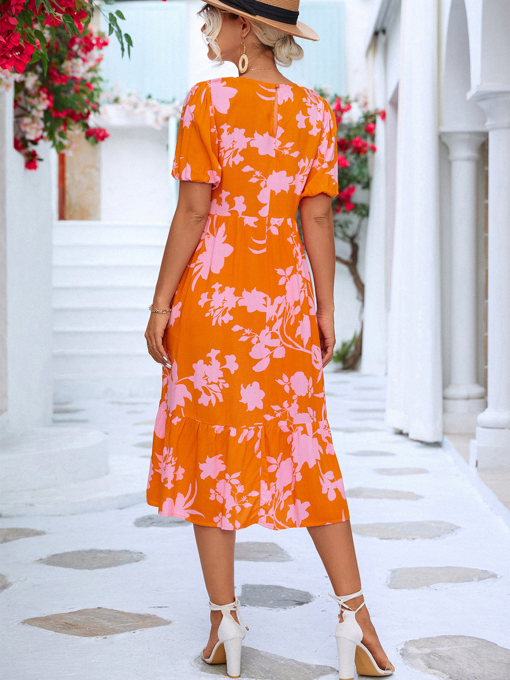 Floral Puff Sleeve Ruffle Hem Midi Dress (2)
