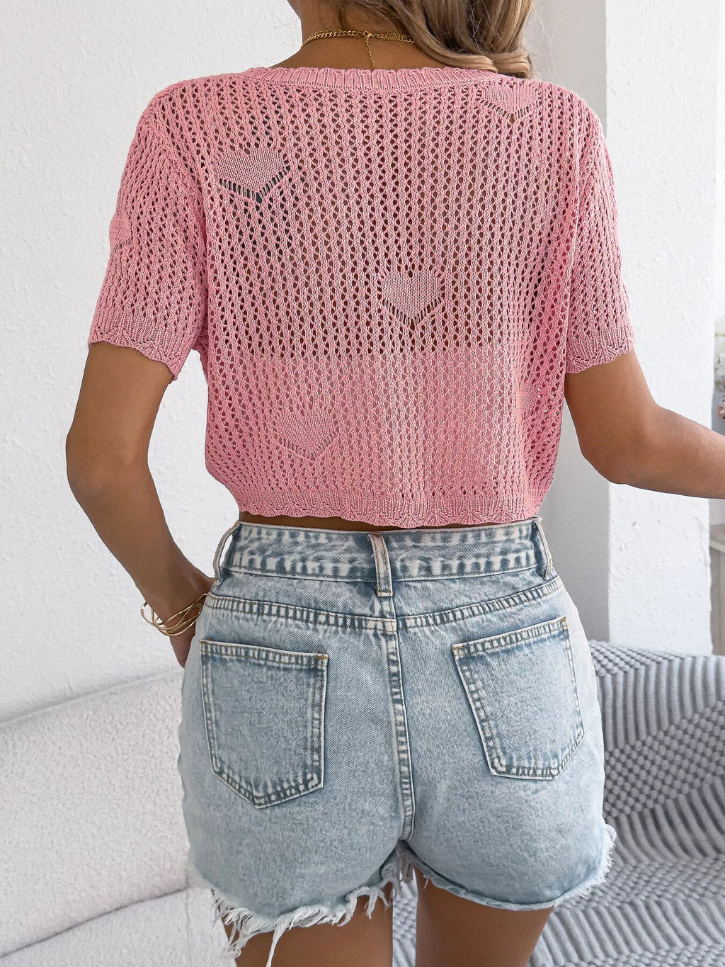 Crochet Heart Pattern Tie Front Cardigan (6)