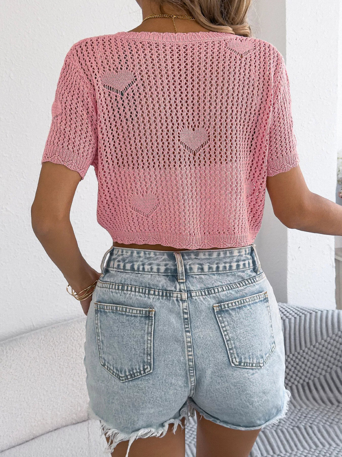 Crochet Heart Pattern Tie Front Cardigan (6)