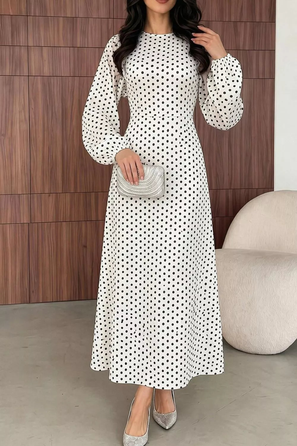 Polka Dot Long Sleeve Maxi Dress (4)