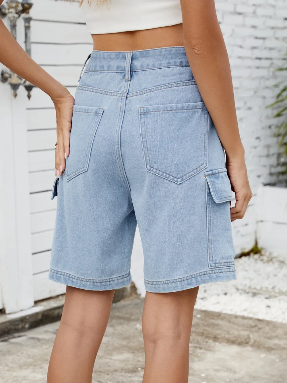 High Waist Denim Shorts Cargo Pockets (5)