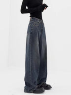 Retro Dark Blue Wide Leg Jeans Baggy Straight Trousers photo 7