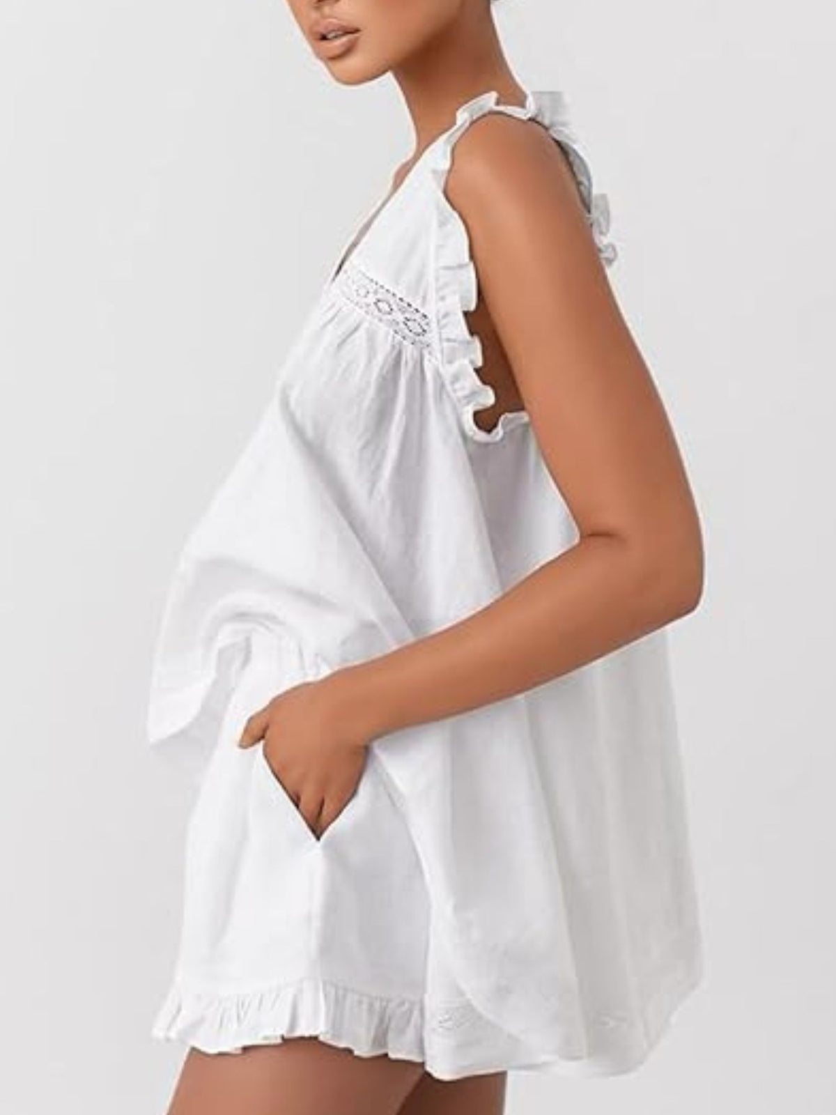 Ruffle Trim V-neck Top Shorts Set (5)