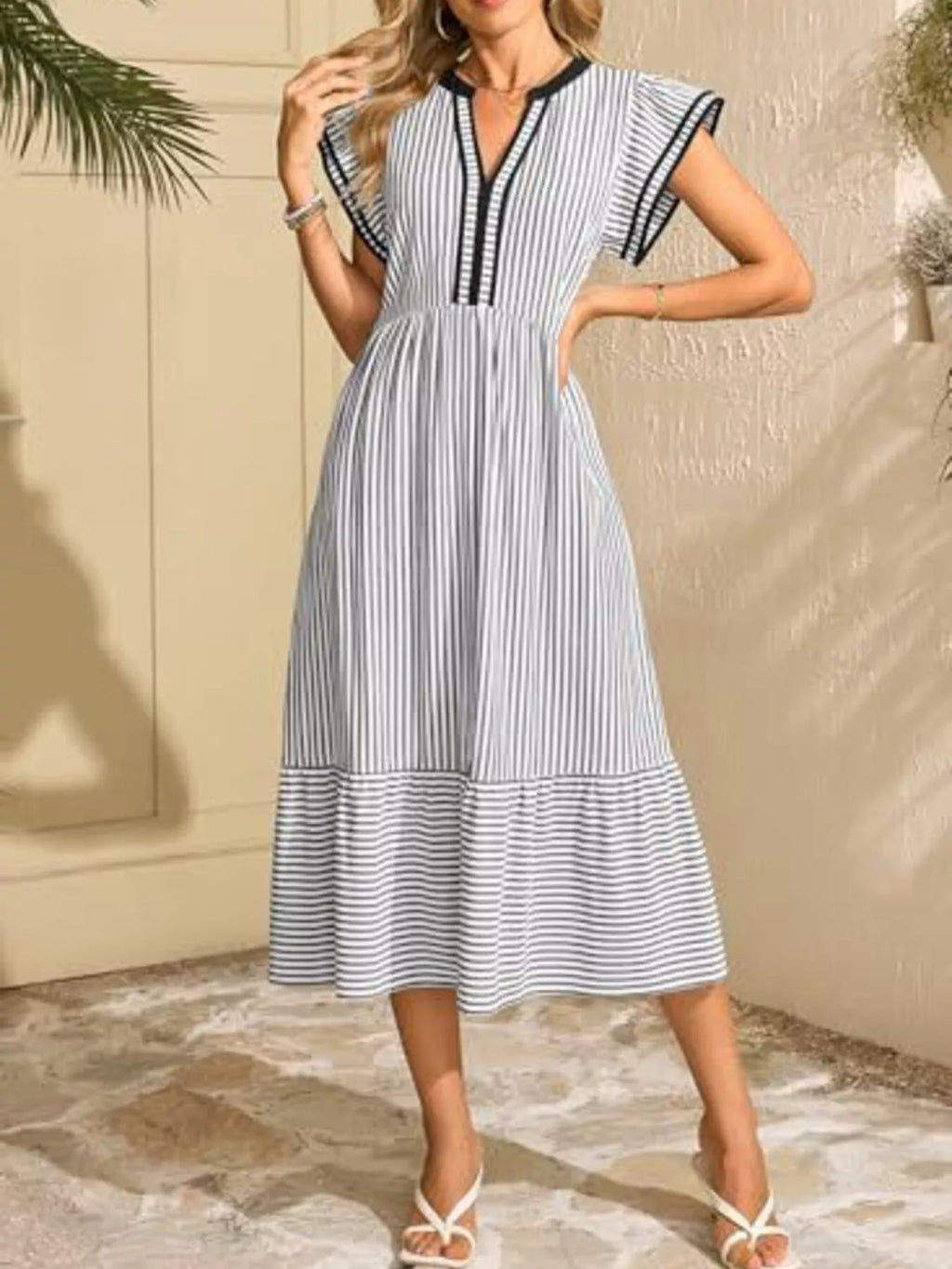 Striped Notched Ruffle Sleeve Dress (9)