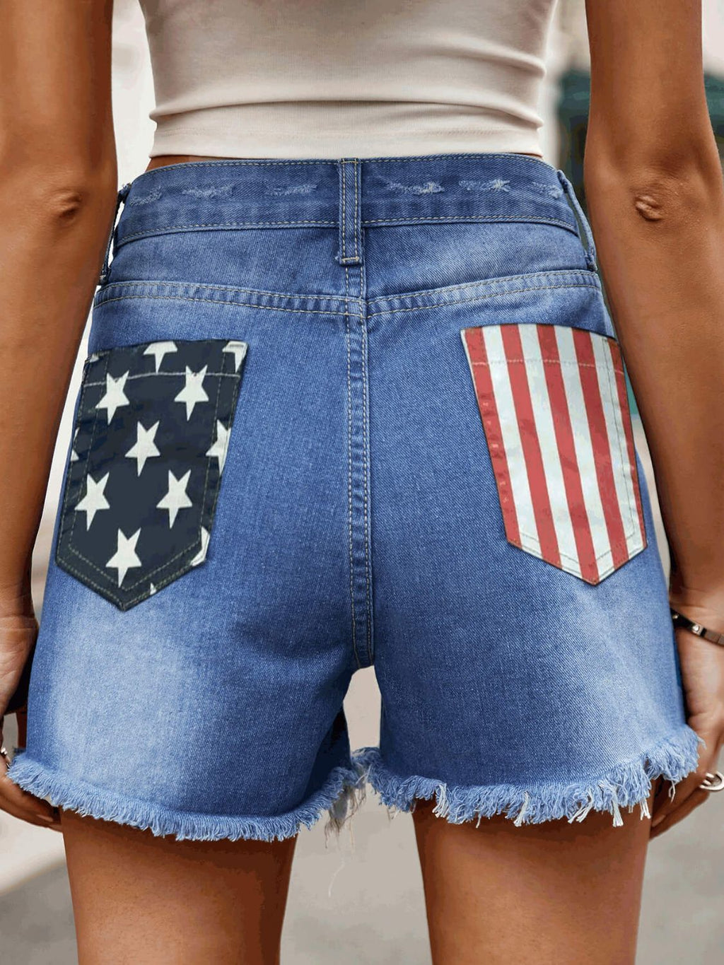 American Flag Raw Hem Denim Shorts Pockets