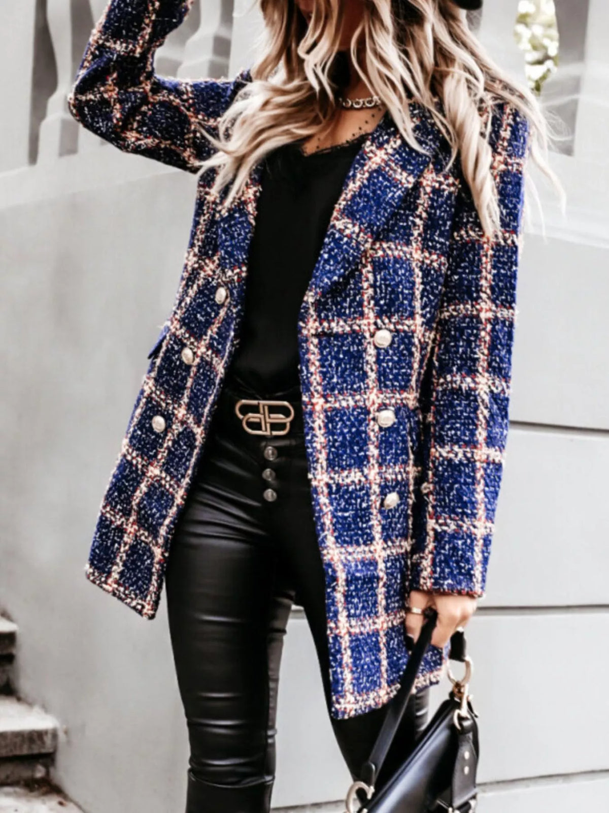 Plaid Tweed Double-breasted Coat (14)