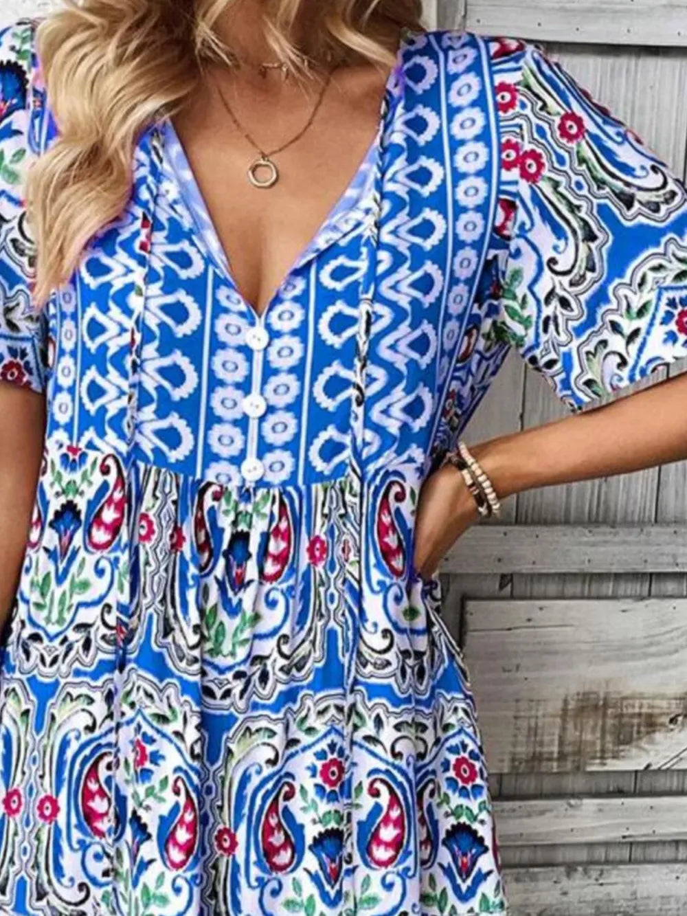 Printed Tie Neck Short Sleeve Dress (15)