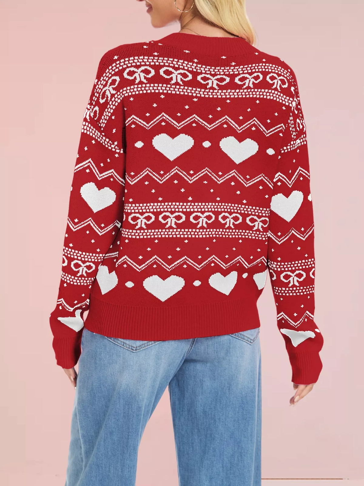 Heart Bow Pattern Round Neck Sweater (3)
