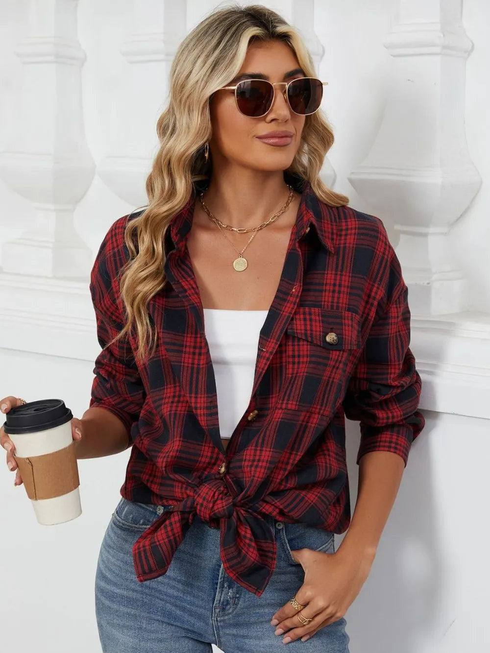 Plaid Collared Neck Long Sleeve Shirt (23)