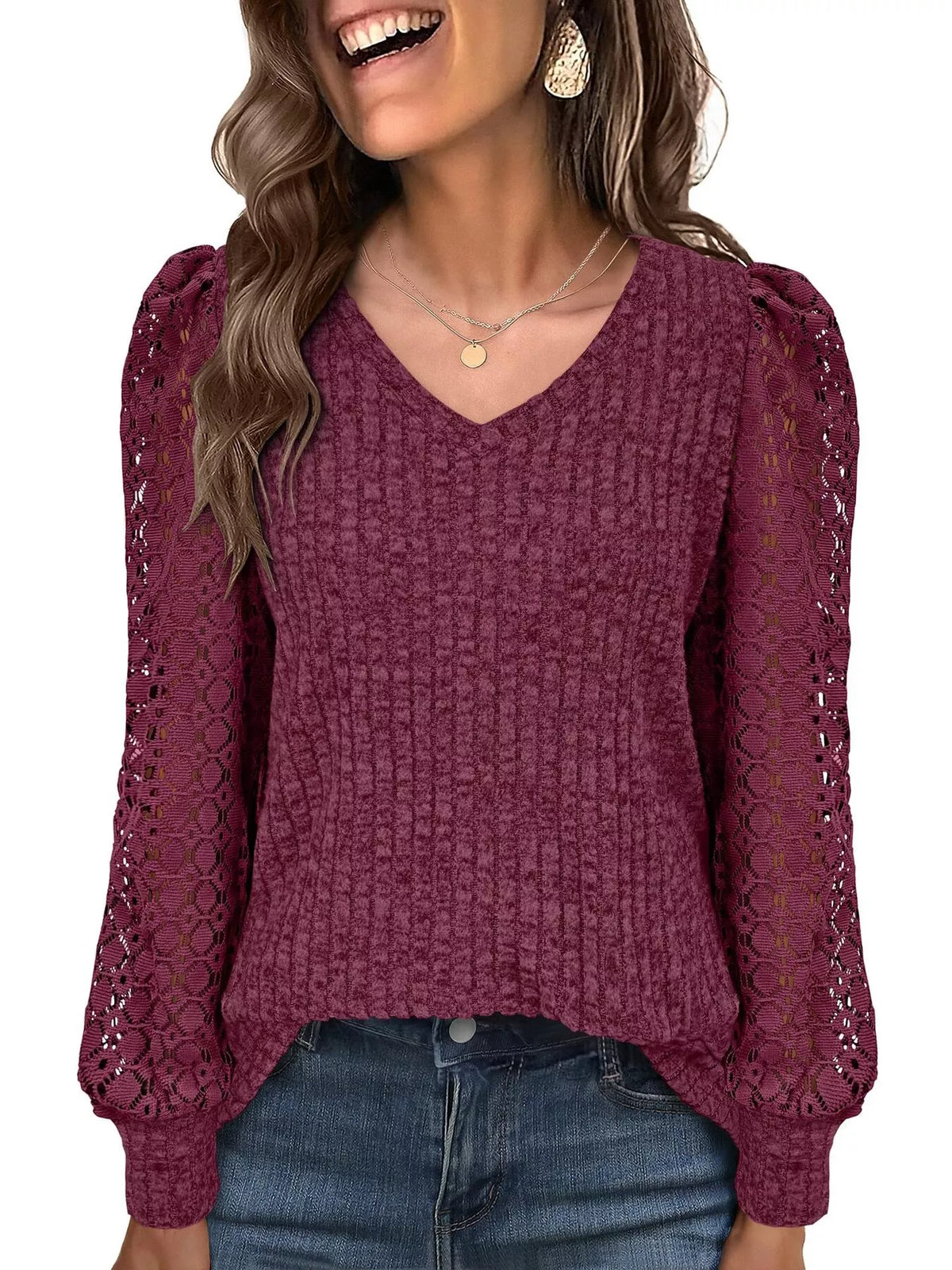 Lace Sleeve V-neck T-shirt (20)