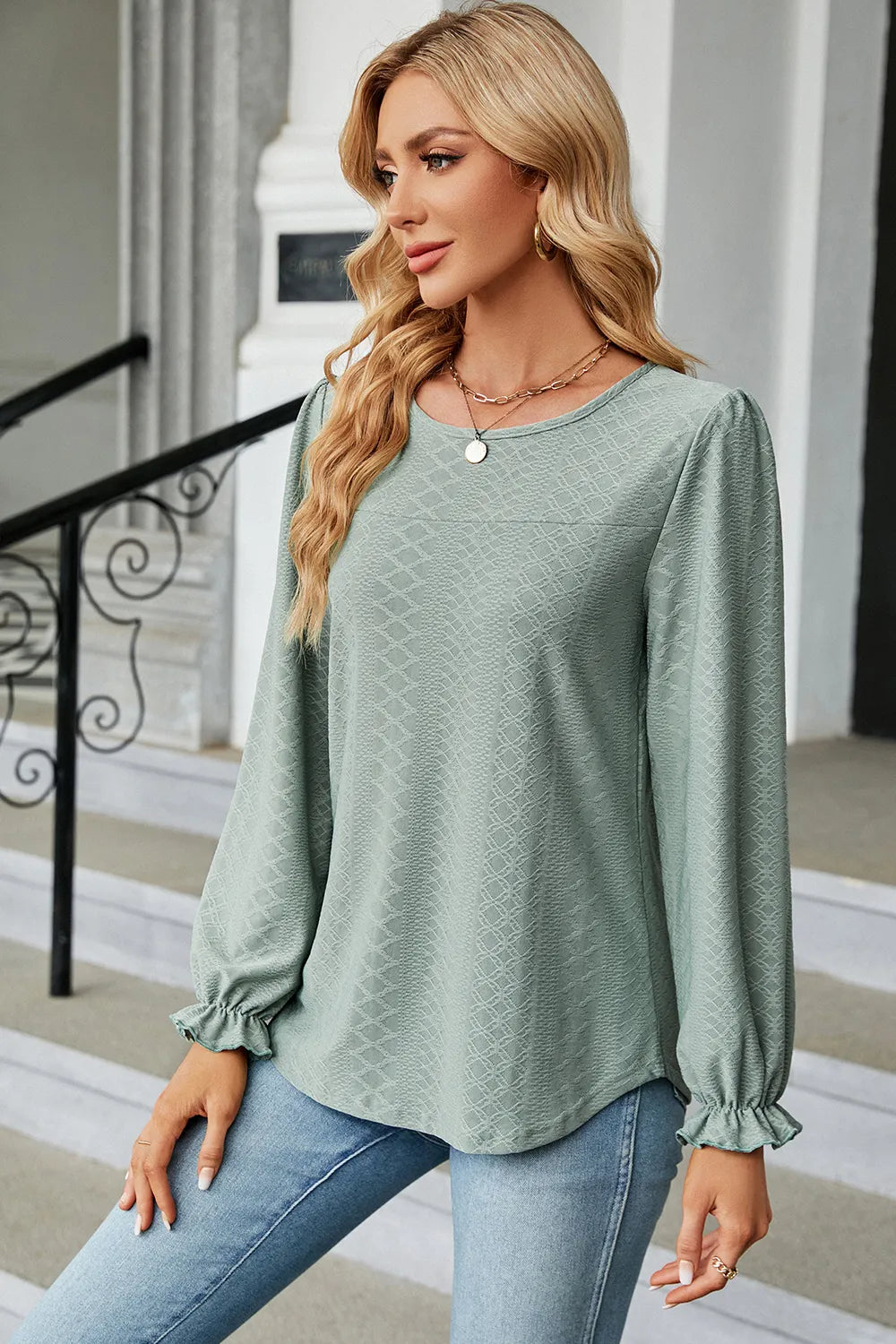 Round Neck Flounce Sleeve T-shirt (25)