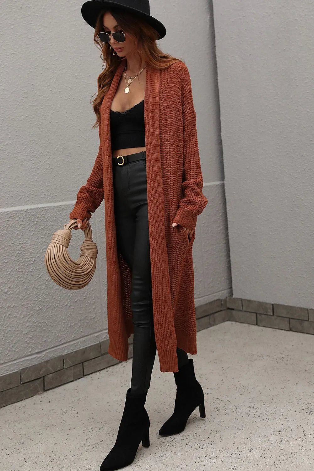 Waffle Knit Open Front Duster Cardigan Pockets (7)
