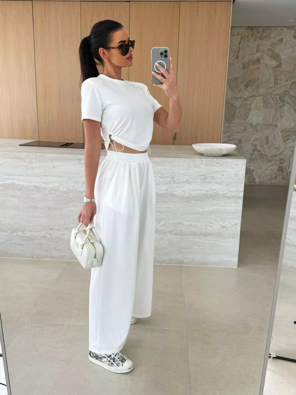Drawstring Crop Top Wide-leg Pants Set (2)