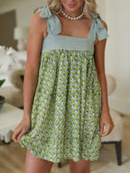 Printed Square Neck Tie Shoulder Mini Dress (7)