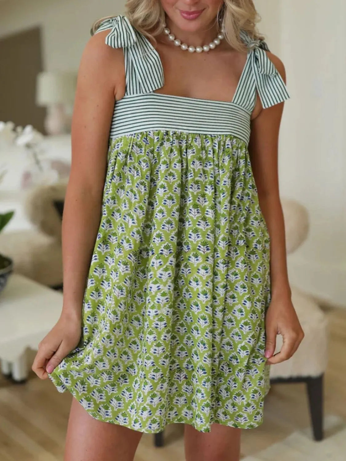 Printed Square Neck Tie Shoulder Mini Dress (7)