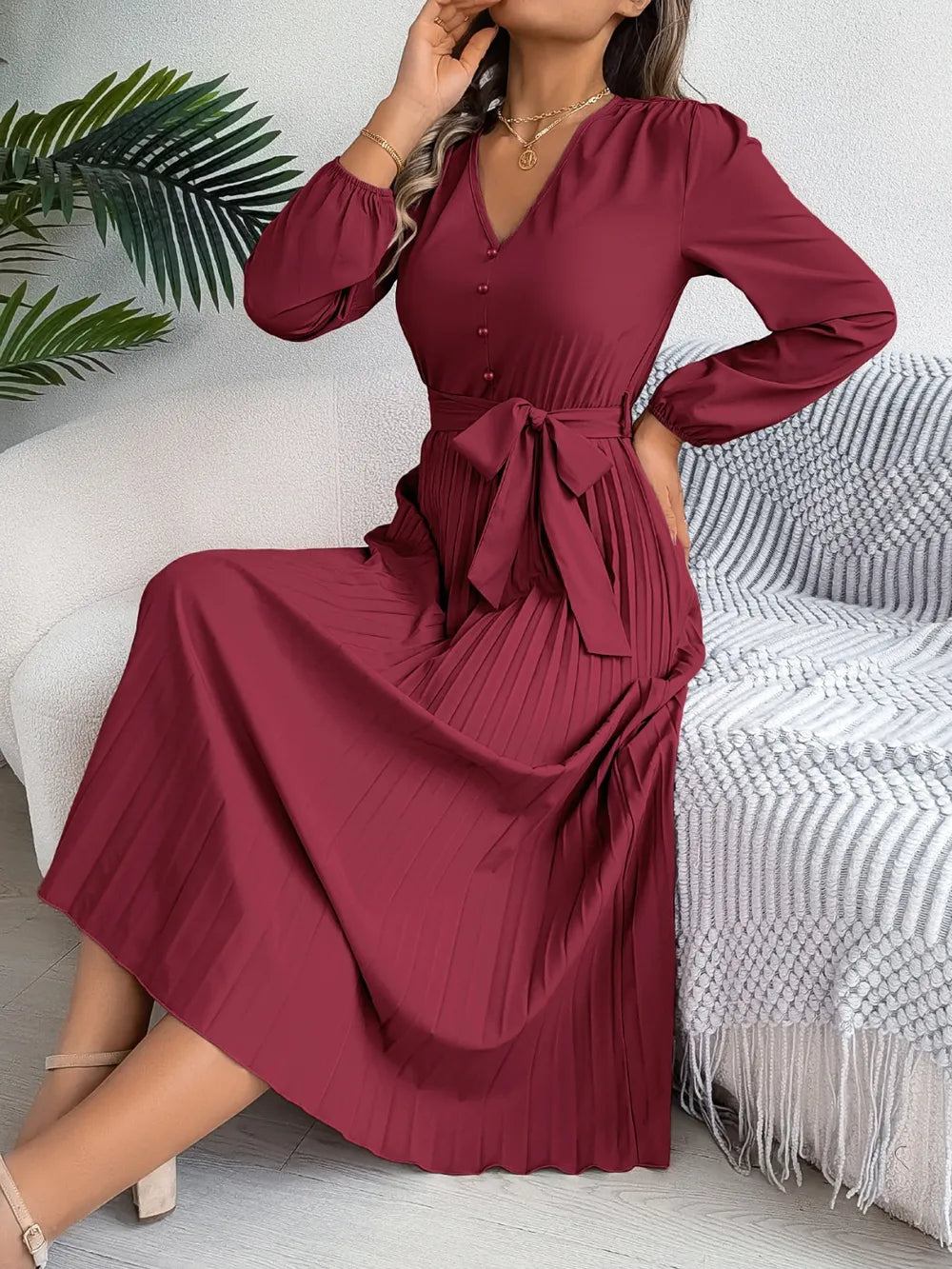 Pleated Tied V-neck Long Sleeve Dress (24)