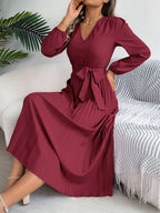 Pleated Tied V-neck Long Sleeve Dress (24)
