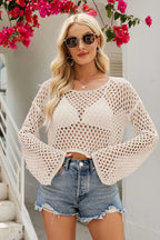 Openwork Round Neck Dropped Shoulder Knit Top (11)