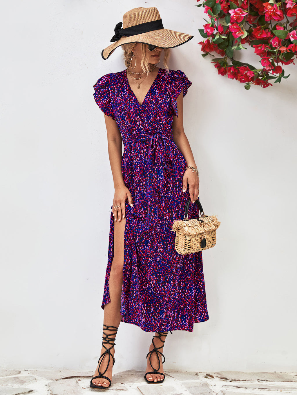 Printed Surplice Neck Flutter Sleeve Slit Dress (8)