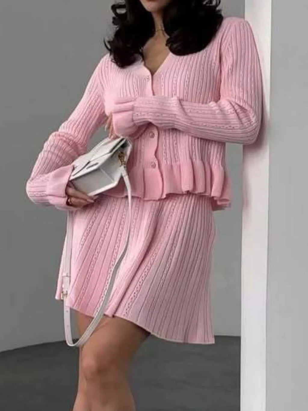Ruffle Trim Knit Cardigan Skirt Set (2)