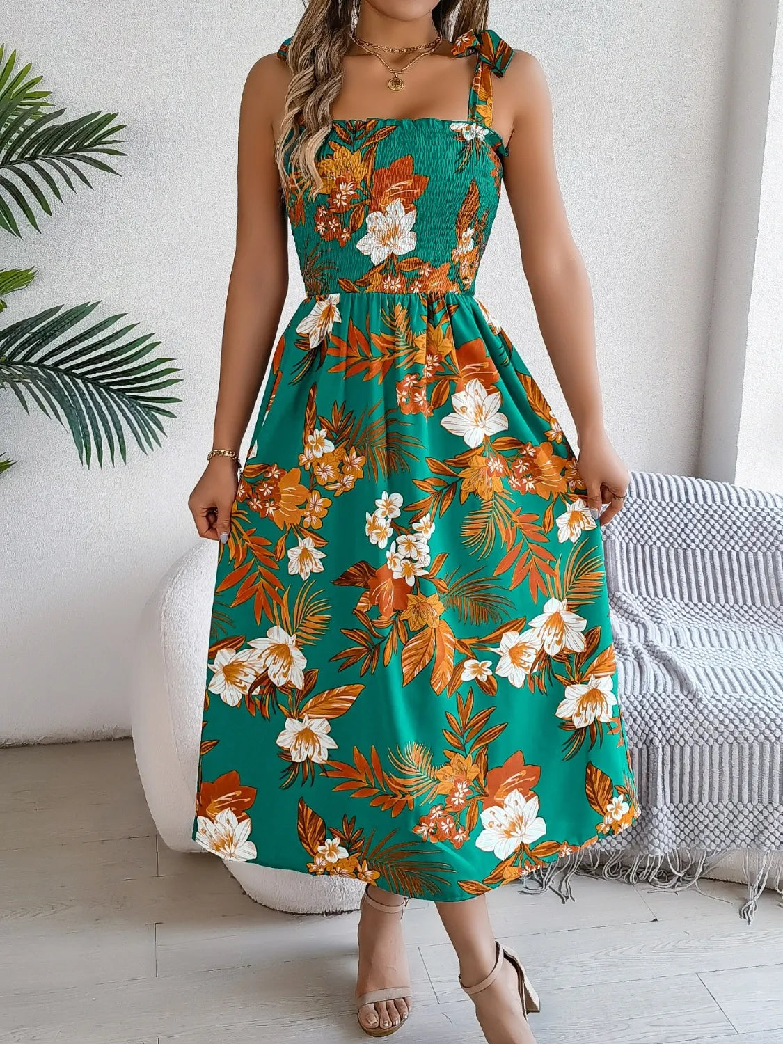Smocked Floral Tie Shoulder Midi Dress (14)