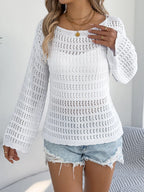 Openwork Boat Neck Long Sleeve Knit Cover Up (15)