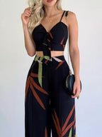 Tropical Print Spaghetti Strap Crop Top Wide Leg Pants Set (2)