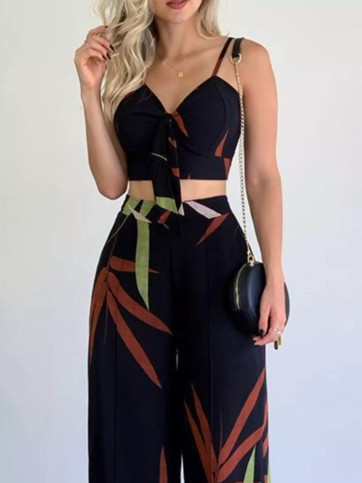 Tropical Print Spaghetti Strap Crop Top Wide Leg Pants Set (2)