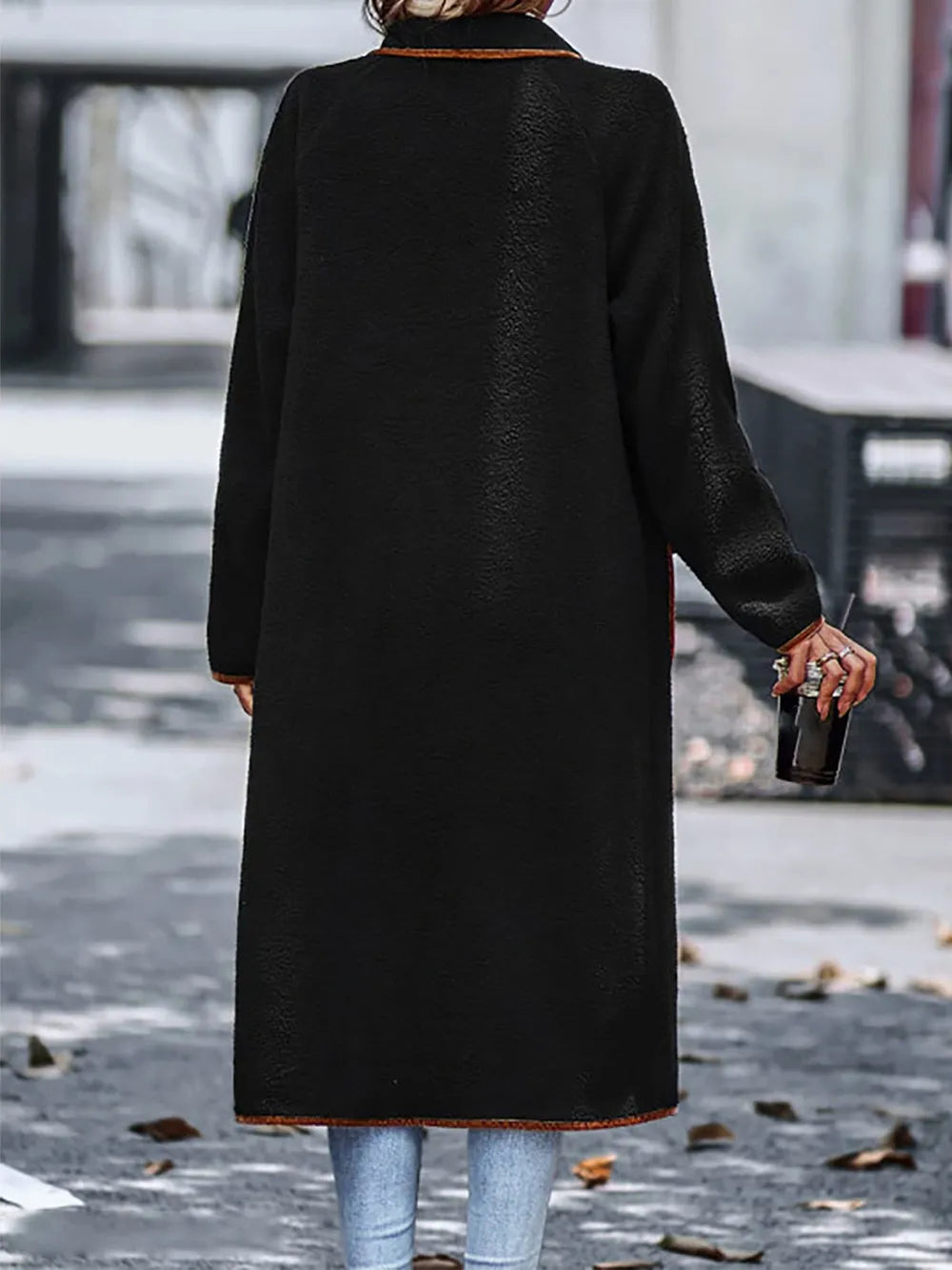 Full Size Contrast Trim Long Sleeve Coat Pockets (5)