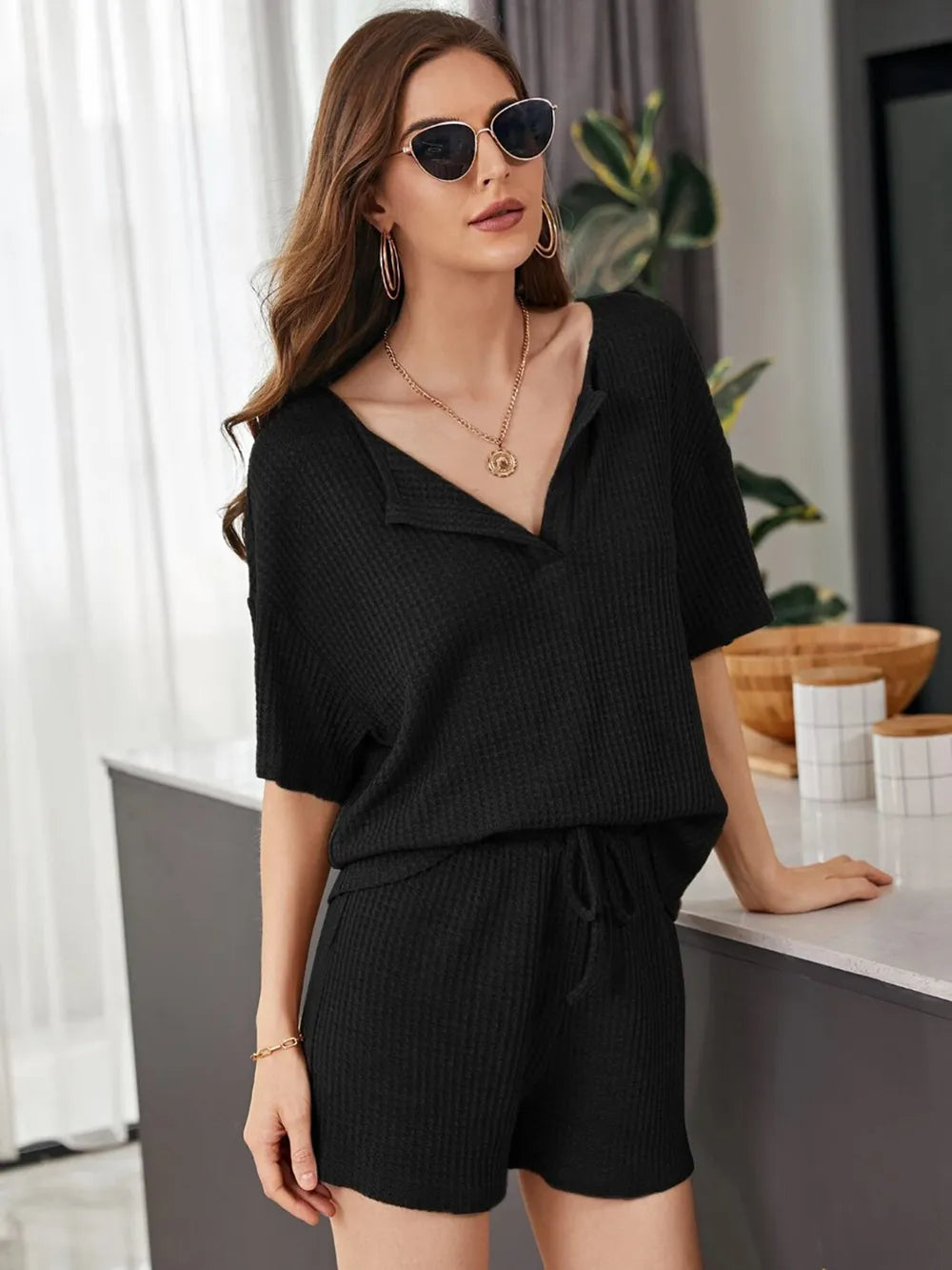 Full Size Waffle-knit Dropped Shoulder Top Shorts Set (6)