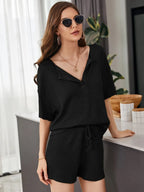 Full Size Waffle-knit Dropped Shoulder Top Shorts Set (6)