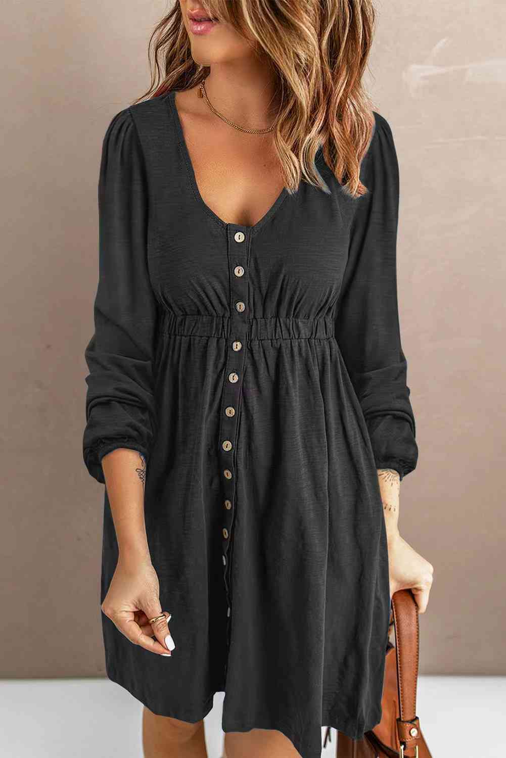 Scoop Neck Empire Waist Long Sleeve Mini Dress (16)