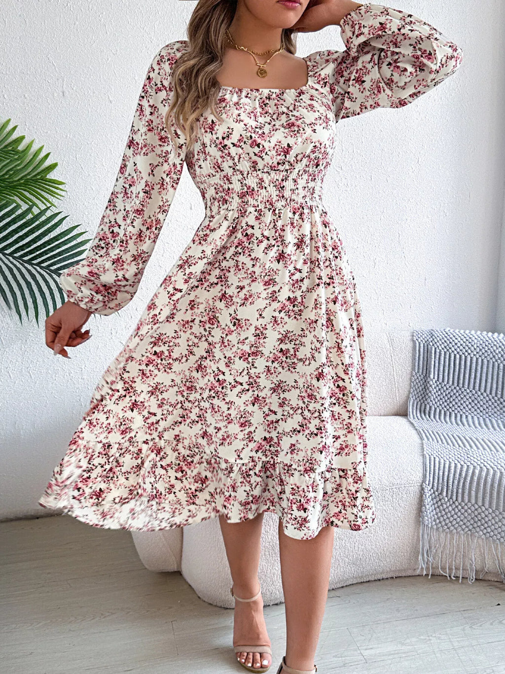 Floral Print Long Sleeve Square Neck Midi Dress (20)