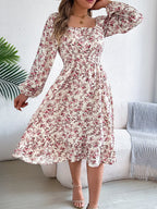 Floral Print Long Sleeve Square Neck Midi Dress (20)