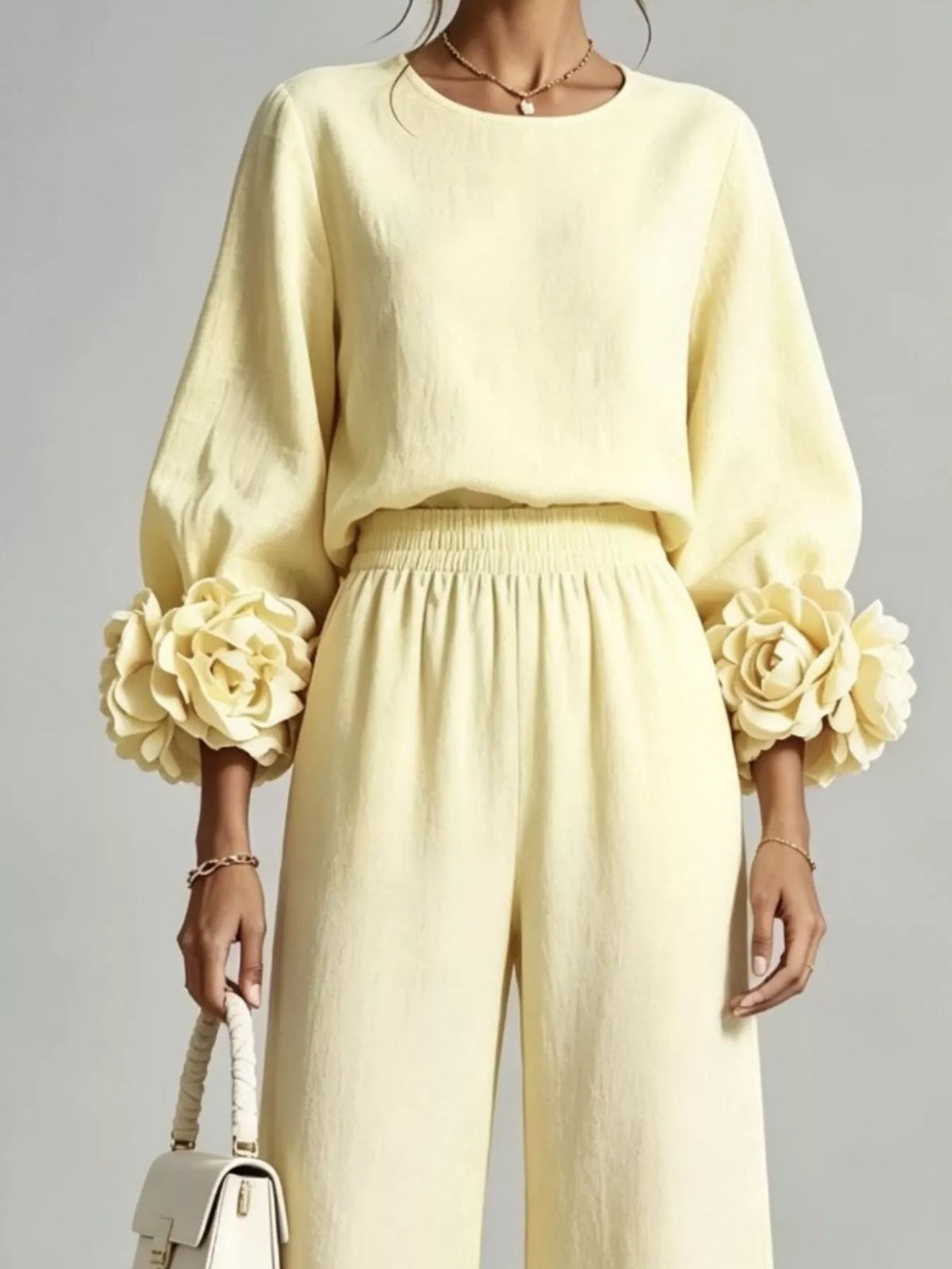 Full Size Floral Cuffs Top Wide Leg Pants Set Plus (8)