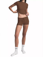 Mock Neck Crop Top Drawstring Shorts Set (2)