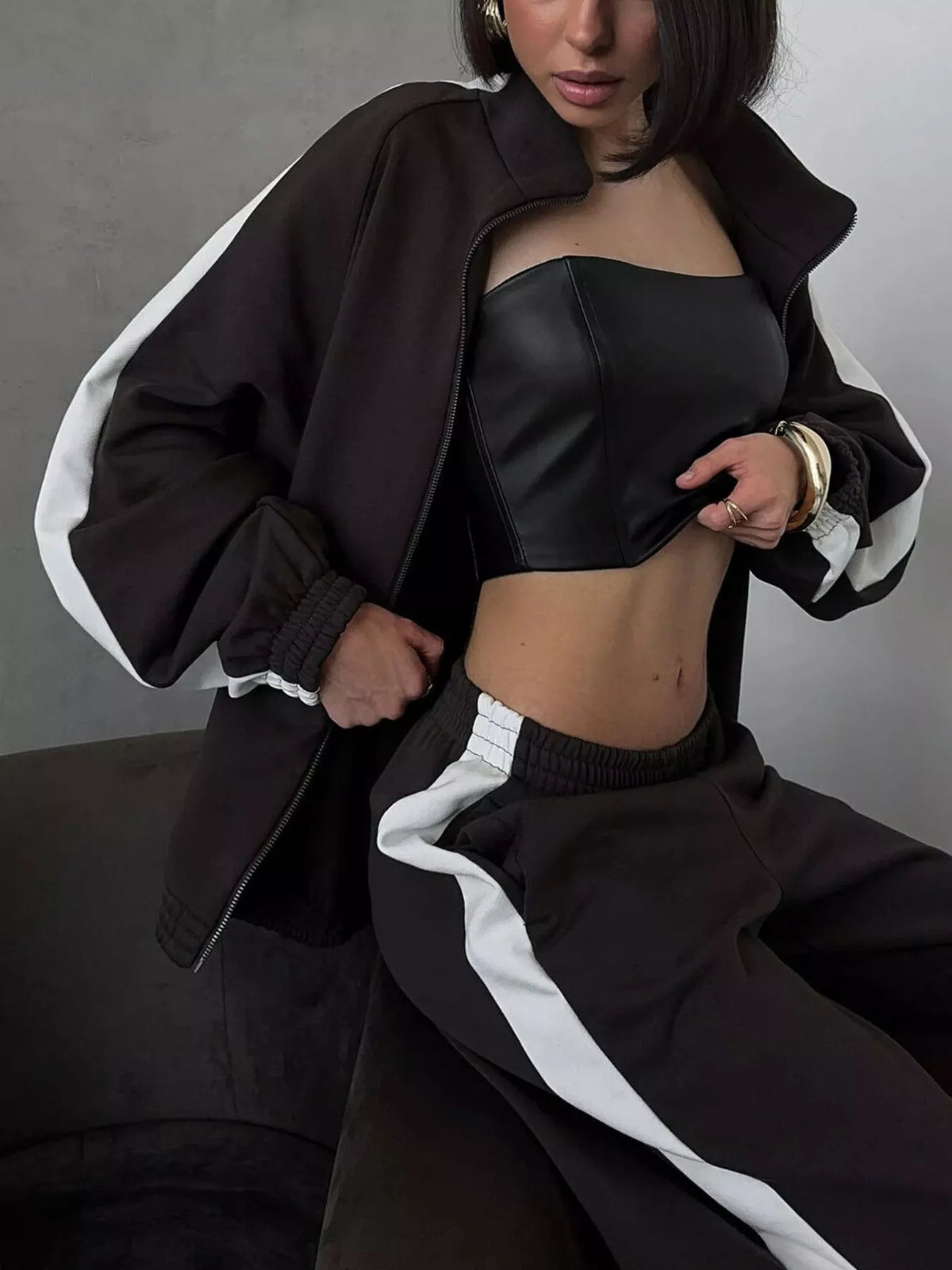 Contrast Side Stripe Zip Up Top Pants Set (4)
