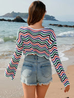Striped Boat Neck Long Sleeve Cover Up (13)