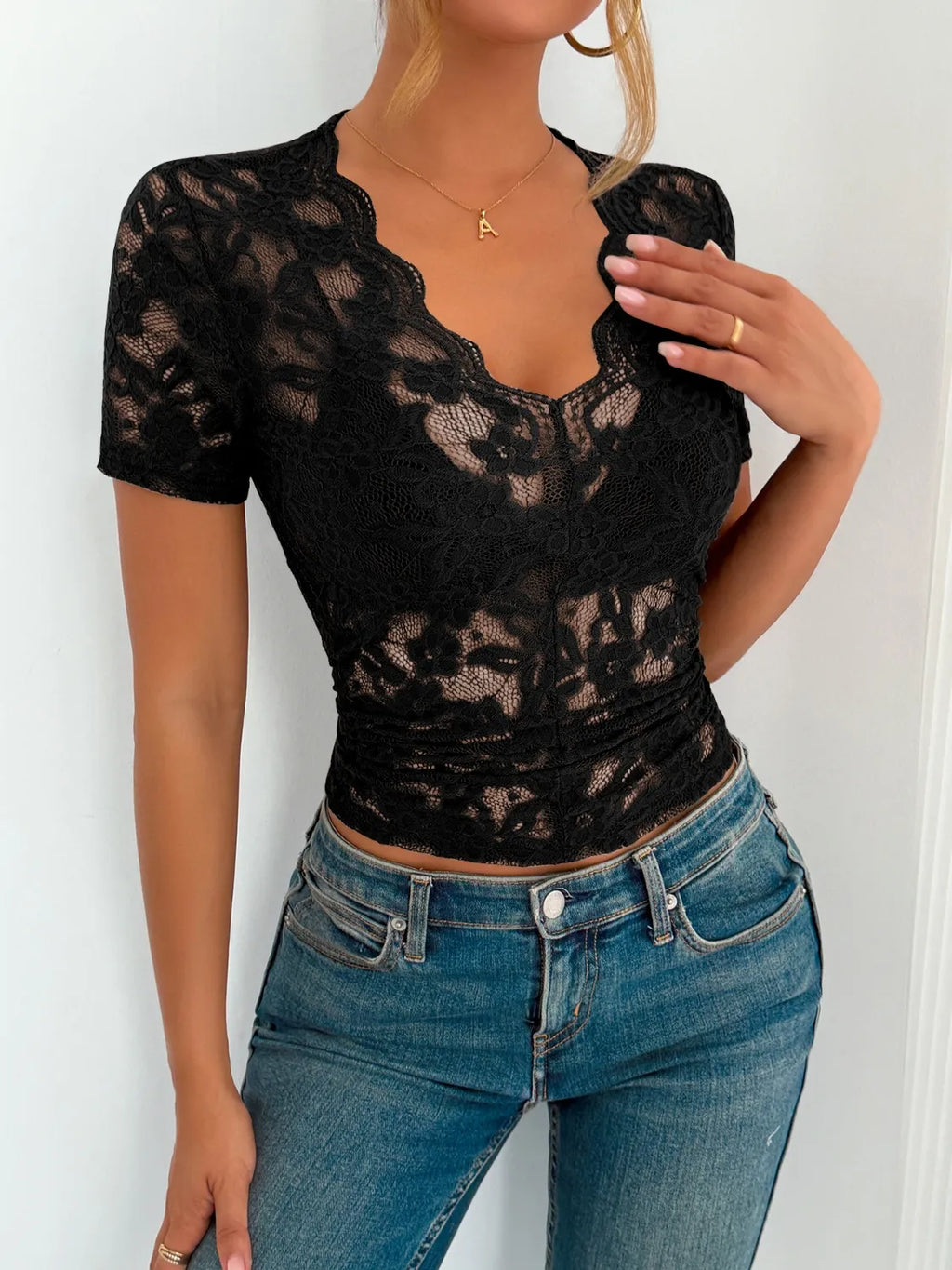 Lace V-neck Short Sleeve Top (8)