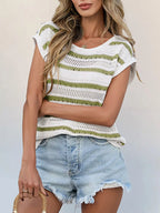 Openwork Round Neck Cap Sleeve Knit Top (7)